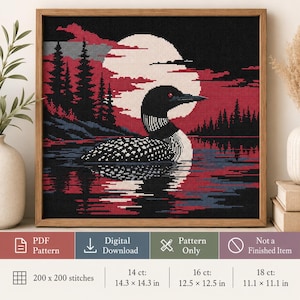 Może przedstawiać: Wzór do haftu krzyżykowego z nurkiem na wodzie na tle dużego księżyca i czerwonego nieba. Tekst: PDF Pattern, Digital Download, Pattern Only, Not a Finished Item, 200 x 200 ściegów, 14 ct: 36,3 x 36,3 cm, 16 ct: 31,8 x 31,8 cm, 18 ct: 28,2 x 28,2 cm.
