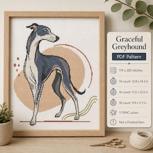 May include: A cross-stitch pattern titled Graceful Greyhound featuring a blue and white dog standing before a tan oval. The text includes 179 x 200 stitches, 14-count 12.8 x 14.3 inches, 16-count 11.2 x 12.5 inches, 18-count 9.9 x 11.1 inches, and 11 DMC colors.