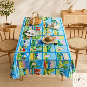 Colorful Printed Tablecloth, Playful Patchwork Table Cover, Polyester Dining Tablecloth, Puppy Floral & Art Design, Cottagecore Decor