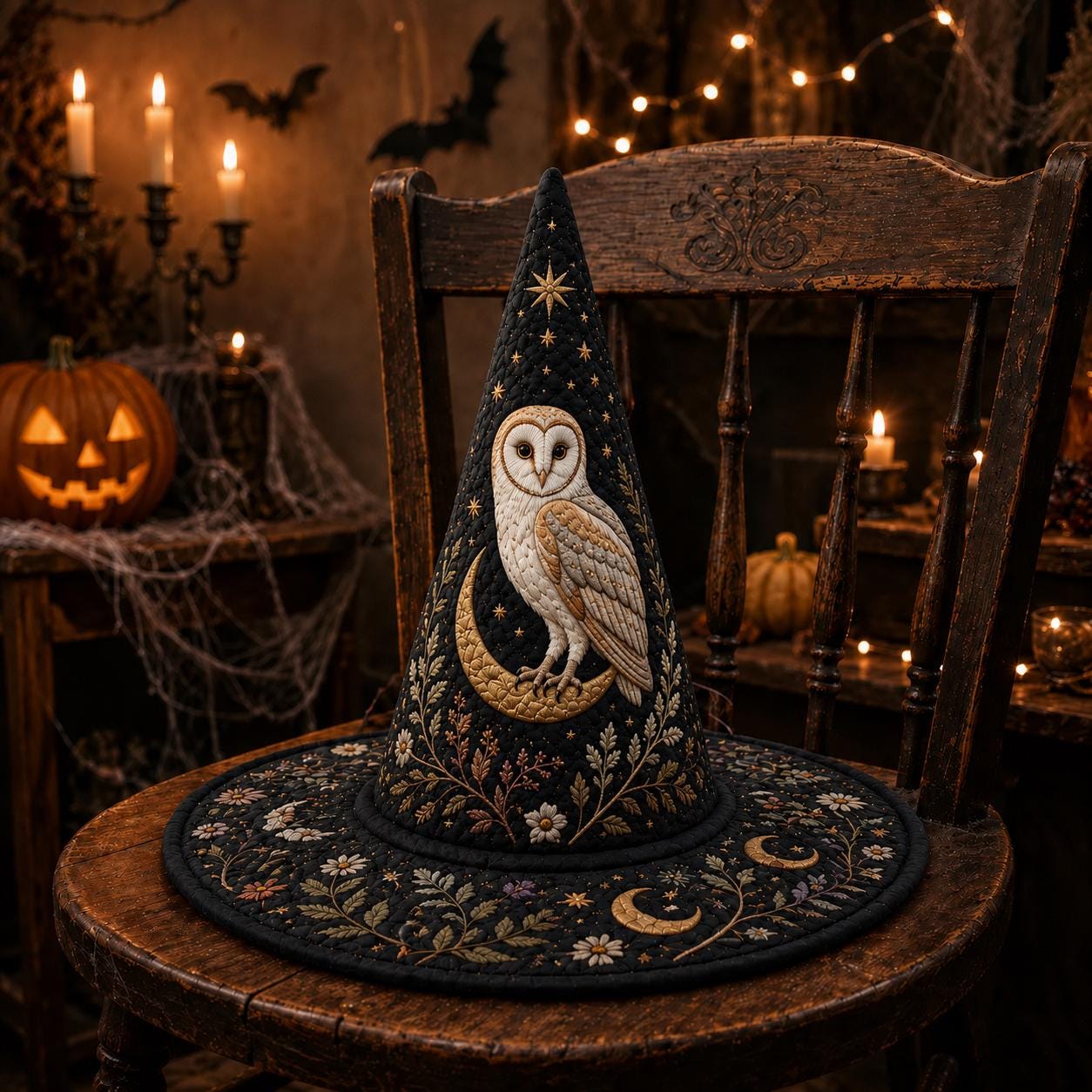 Owl Quilted Witch Hat, Celestial Halloween Witch Hat, Moon Owl Costume Accessory, Dark Cottagecore H