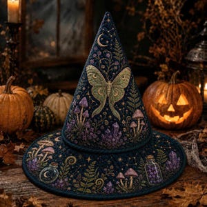 May include: A dark blue quilted witch hat featuring an embroidered design of a large green moth, purple mushrooms, crystals, ferns, stars, and small glass bottles. The fabric is decorated with intricate botanical and celestial patterns.