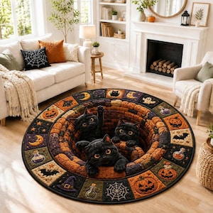 May include: A round area rug featuring a 3D-effect brick well design with three black cats peering out. The border consists of square panels displaying Halloween motifs including orange pumpkins, purple potion bottles, bats, and spider webs.