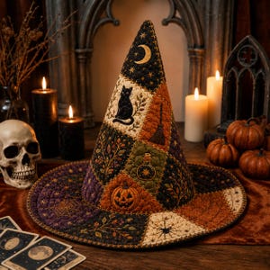 Black Cat Quilted Witch Hat, Orange Purple Faux Patchwork Halloween Hat, Pumpkin Broom Celestial Witch Costume Accessory for Women