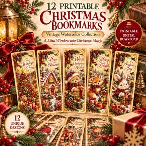 Puede incluir: Un conjunto de 12 marcapáginas navideños imprimibles con ilustraciones vintage en acuarela de escenas festivas, incluyendo un árbol decorado, una casa, un oso de peluche, un zorro y un conejo, con texto como The Most Wonderful Time.