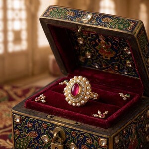 Puede incluir: Un anillo de oro con una piedra roja ovalada central rodeada por un halo de pequeñas perlas blancas y piedras transparentes, dentro de una caja de madera oscura con intrincados patrones pintados de pavos reales y flores en azul, verde y oro.