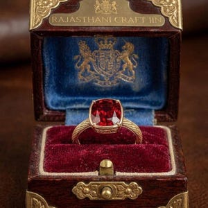 Vintage röd spinellring, graverad guldring, viktoriansk stil, kunglig smyckeskrin