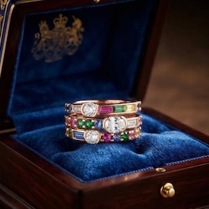 Op de afbeelding: Een stapel van drie roségouden ringen met diverse gekleurde edelstenen, waaronder ronde en baguette-geslepen diamanten, roze saffieren, groene smaragden en blauwe saffieren, geplaatst in een donkerhouten doosje met een blauwe fluwelen voering.