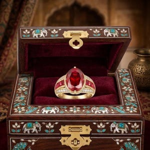 Peut inclure: Une bague dorée ornée d'une grande pierre rouge taille ovale au centre, flanquée de pierres rouges plus petites et de rangées d'accents pavés clairs. L'anneau porte le poinçon S925, indiquant une base en argent sterling doré.