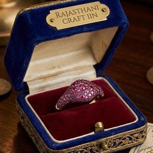 Könnte beinhalten: Ein Ring mit einer gewölbten Oberfläche, die mit zahlreichen kleinen, runden, rosaroten Steinen besetzt ist, präsentiert in einer blauen Samtschmuckschatulle mit einer goldfarbenen Metallplakette mit der Aufschrift RAJASTHANI CRAFT IIN und einem dunkelroten Samtboden.