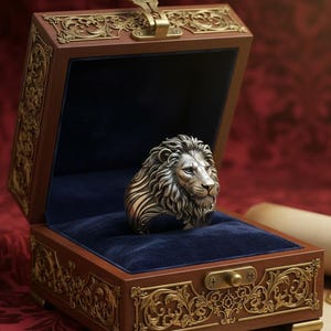 May include: A silver-toned metal ring featuring a detailed lion head sculpture with a flowing mane, displayed inside an open wooden box. The box has dark wood panels, ornate gold-coloured metal filigree accents, and a deep blue velvet interior.
