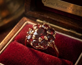 Bohemian Garnet Cluster Ring, Vintage Deep Red Statement, Antique Style Heirloom Cocktail, January Birthstone
