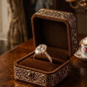 Pode incluir: Um anel de diamante com corte oval e banda de ouro gravada encontra-se dentro de uma caixa de joias forrada a veludo castanho. A caixa apresenta um exterior de metal em relevo com padrões de volutas intrincados e um pequeno fecho.