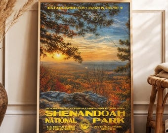 Shenandoah National Park Wall Art, Blue Ridge Travel Poster, Appalachian Mountain Print, Skyline Drive Landscape, Mid Century Modern Decor