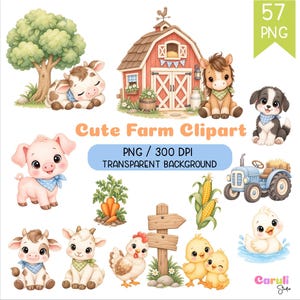May include: A digital collection of farm-themed clipart featuring a red barn, a blue tractor, a tree, and various animals including a pig, cow, horse, dog, chicken, duck, and chicks, along with carrots and a wooden sign, labeled Cute Farm Clipart.
