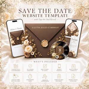 May include: A Save the Date website template featuring a brown envelope with a gold wax seal, a vinyl record graphic, and two smartphones displaying wedding invitation details. Text includes Save the Date Website Template, A Letter, Sealed at Midnight, and What's Included with icons for customization, RSVP, and music features.