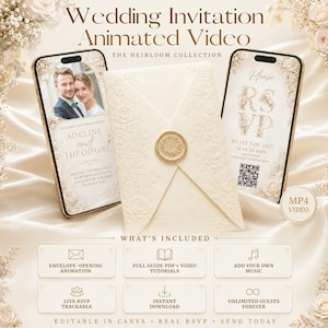 Op de afbeelding: Een geanimeerde trouwuitnodiging video template met twee smartphones die uitnodigingsdetails, een foto van een koppel en een RSVP QR-code tonen. Een crèmekleurige envelop met een waszegel ligt tussen de telefoons, versierd met bloemmotieven.