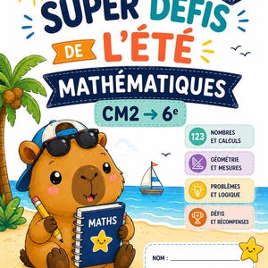 May include: A colorful educational workbook cover titled LES SUPER DÉFIS DE L'ÉTÉ MATHÉMATIQUES CM2 6e featuring a cartoon capybara wearing sunglasses and a blue cap, holding a pencil and a notebook labeled MATHS on a beach with a sailboat.