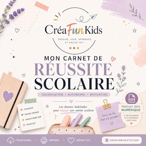 Peut inclure: Un carnet de réussite scolaire numérique intitulé Mon Carnet de Réussite Scolaire par CréaFunKids. Le design présente des tons pastel, des brins de lavande, un carnet avec un cœur, des notes adhésives, des marqueurs et une trousse sur fond clair.