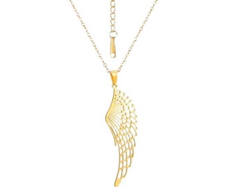May include: A gold-tone necklace with a delicate chain and a pendant shaped like a single angel wing. The wing is made of a delicate, openwork design.