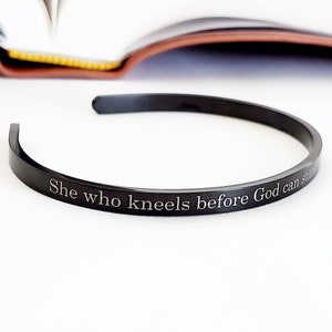 She Who Kneels Before God, Black Dainty 4mm Cuff Romans 8:31 Bible Verse, Christian Jewelry For Women, Birthday Gifts for Mom, Gifts for Her image 3