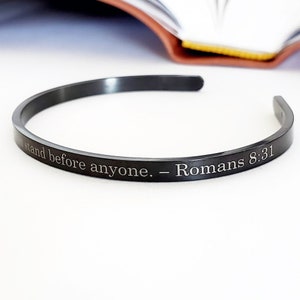 She Who Kneels Before God, Black Dainty 4mm Cuff Romans 8:31 Bible Verse, Christian Jewelry For Women, Birthday Gifts for Mom, Gifts for Her image 2