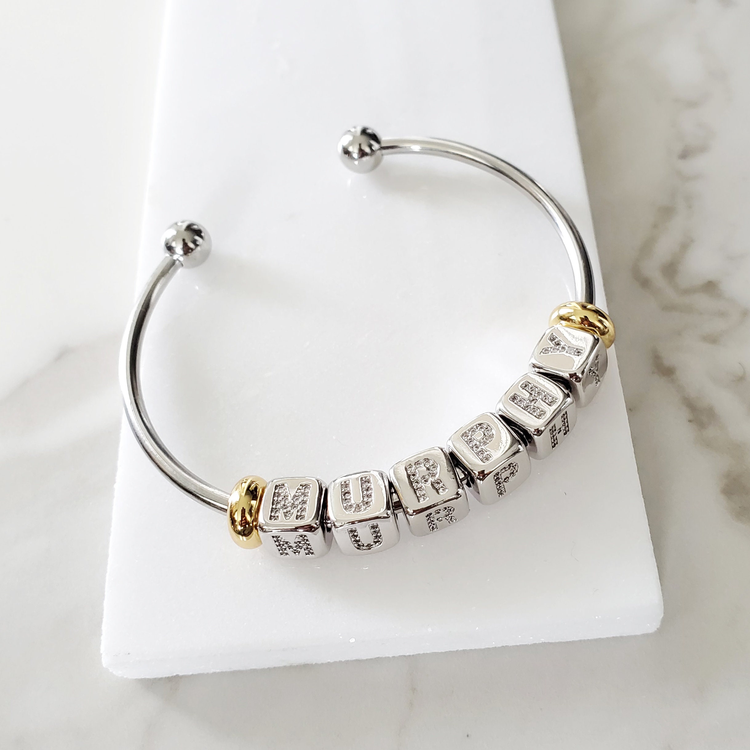 Personalized Charm Word Bangle Bracelet Custom Name or Word Etsy