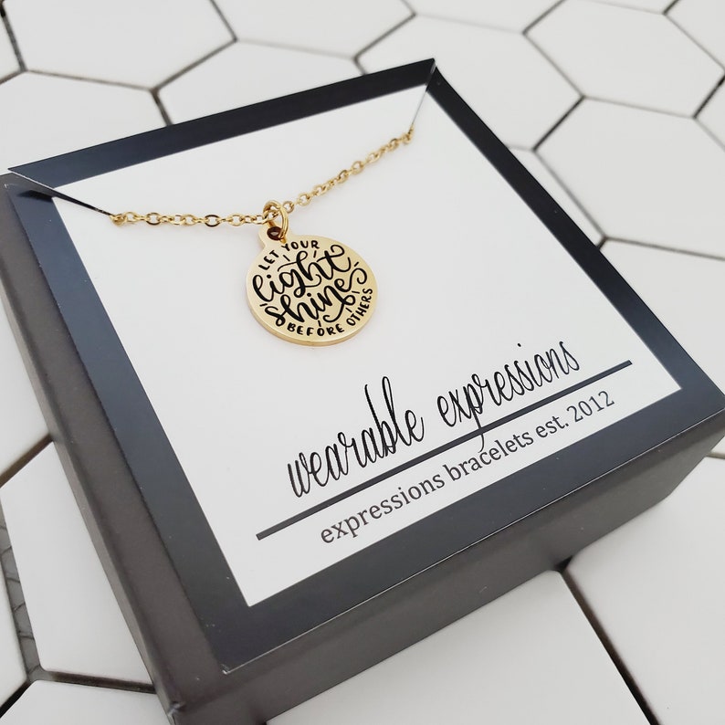 Motivational Quote Necklace, Let Your Light Shine Charm Necklace, Encouragement Jewelry, Gold Necklace, Friend Bible Verse Gift Idea for Her image 6