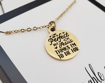 Christian Mantra I'm Not Perfect Charm Necklace, Faith Religious Jewelry, Gold Charm Necklace, Christian Encouragement Gifts for Her