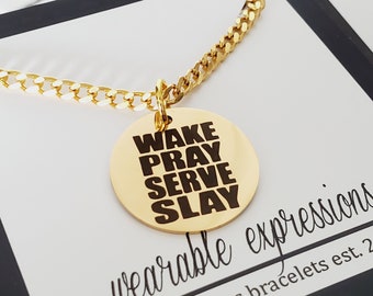 Encouraging Quote Wake Pray Slay Gold Necklace, Christian Charm Necklace, Graduation Motivational Gift Ideas for Her, Bestie Gifts