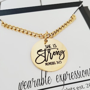 Encouragement Gift for Her, Proverbs 31:25 Bible Verse Charm Necklace, Inspirational Gift, She is Strong Mantra, Christian Gift Idea for Her