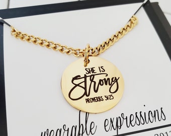 Encouragement Gift for Her, Proverbs 31:25 Bible Verse Charm Necklace, Inspirational Gift, She is Strong Mantra, Christian Gift Idea for Her