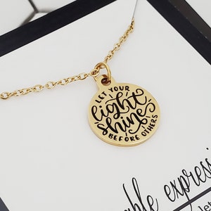 Motivational Quote Necklace, Let Your Light Shine Charm Necklace, Encouragement Jewelry, Gold Necklace, Friend Bible Verse Gift Idea for Her image 1