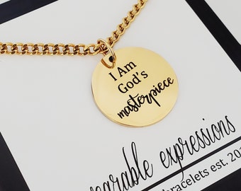 I Am God's Masterpiece Bible Verse Charm Necklace, Faith Jewelry, Inspirational Gold Charm Necklace, Christian Inspirational Gift for Her