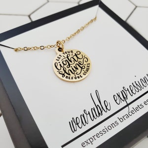 Motivational Quote Necklace, Let Your Light Shine Charm Necklace, Encouragement Jewelry, Gold Necklace, Friend Bible Verse Gift Idea for Her image 3