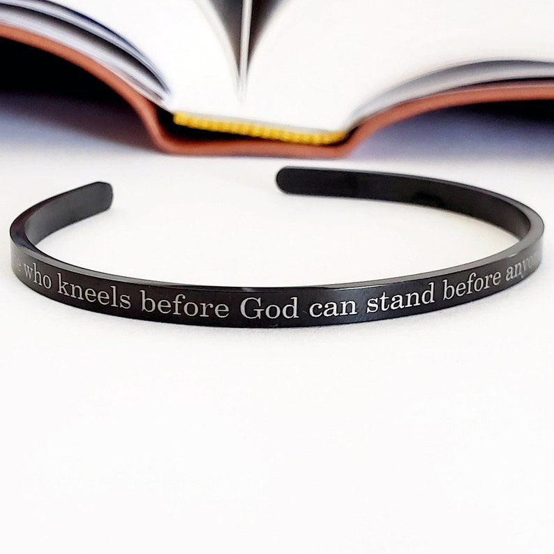 She Who Kneels Before God, Black Dainty 4mm Cuff Romans 8:31 Bible Verse, Christian Jewelry For Women, Birthday Gifts for Mom, Gifts for Her image 1