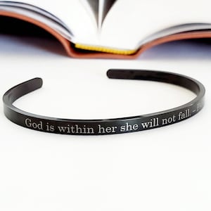 God is Within Her Mantra Cuff, Dainty 4mm Cuff Psalm 46:5 Bible Verse, Christian Jewelry For Women, Mother&#39;s Day Gifts for Mom, Gift for Her