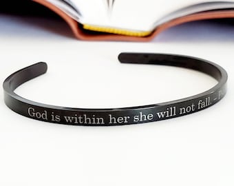 God is Within Her Mantra Cuff, Dainty 4mm Cuff Psalm 46:5 Bible Verse, Christian Jewelry For Women, Mother's Day Gifts for Mom, Gift for Her