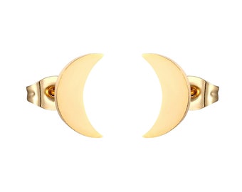 May include: A pair of gold-colored crescent moon stud earrings. The earrings have a simple, minimalist design with a smooth, polished finish. The posts and backs are also gold-toned. The earrings are set against a white background.
