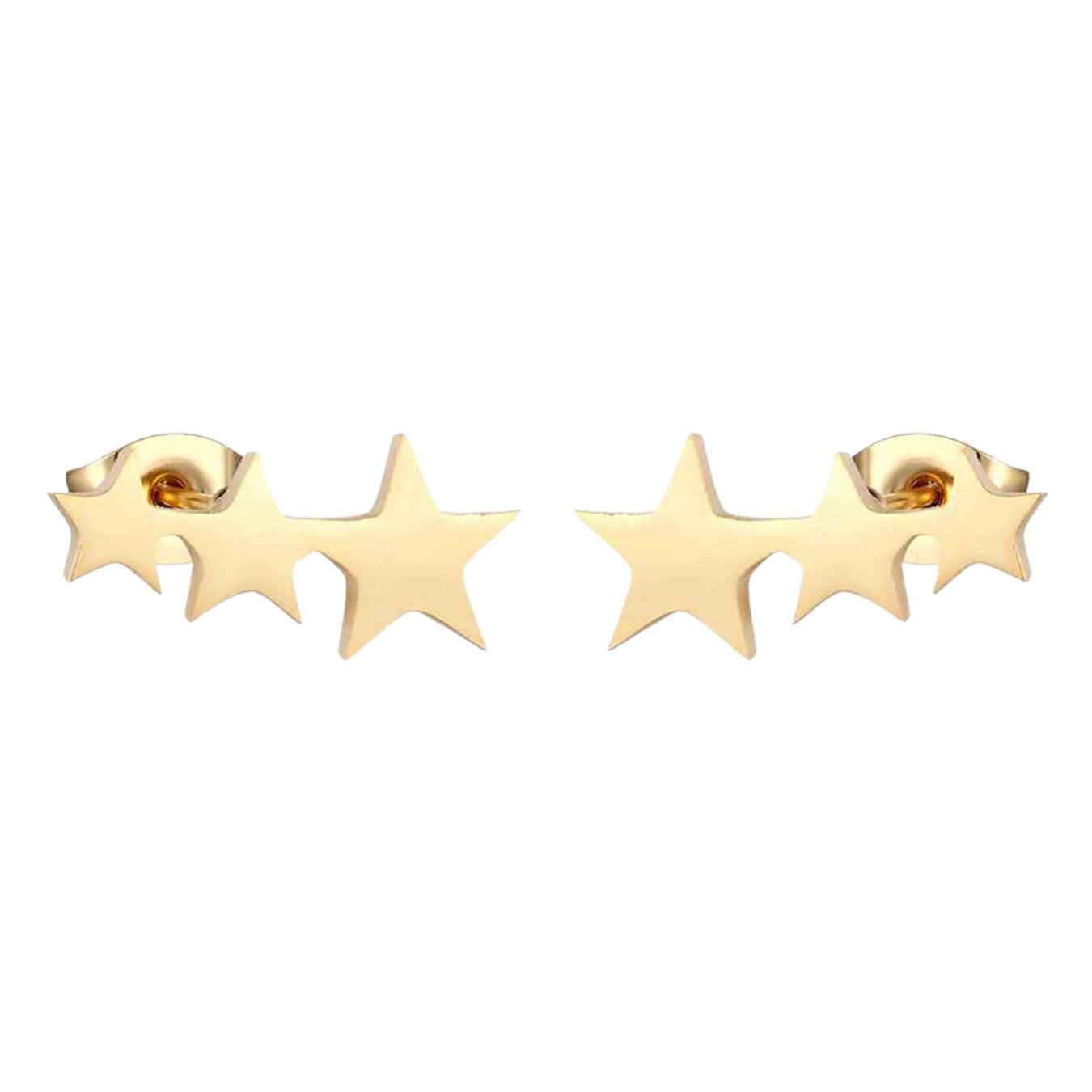 May include: A pair of gold star stud earrings. Each earring features five small stars in a row.