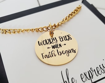 Christian Faith Gold Charm Necklace, Worry Ends When Faith Begins Coin Necklace, Encouragement Message Necklace for Her, Faith Gifts