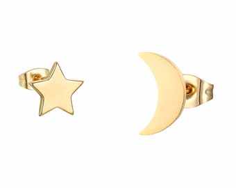 Tiny Gold Half Moon and Star Combo Earrings, Celestial Symbols, Gifts for Friends, Dainty Minimalist Earrings Gifts for Her Under 10