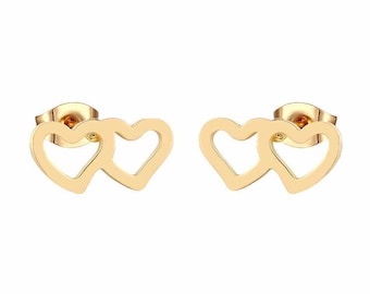 May include: A pair of gold-tone double heart stud earrings. The hearts are open and interlocked.