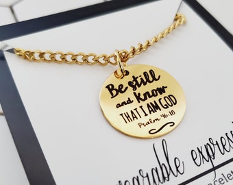 Be Still Psalm 46:10 Bible Verse Charm Necklace, Faith Based Religious Jewelry, Dainty Gold Charm Necklace, Christian Inspired Gifts for Her