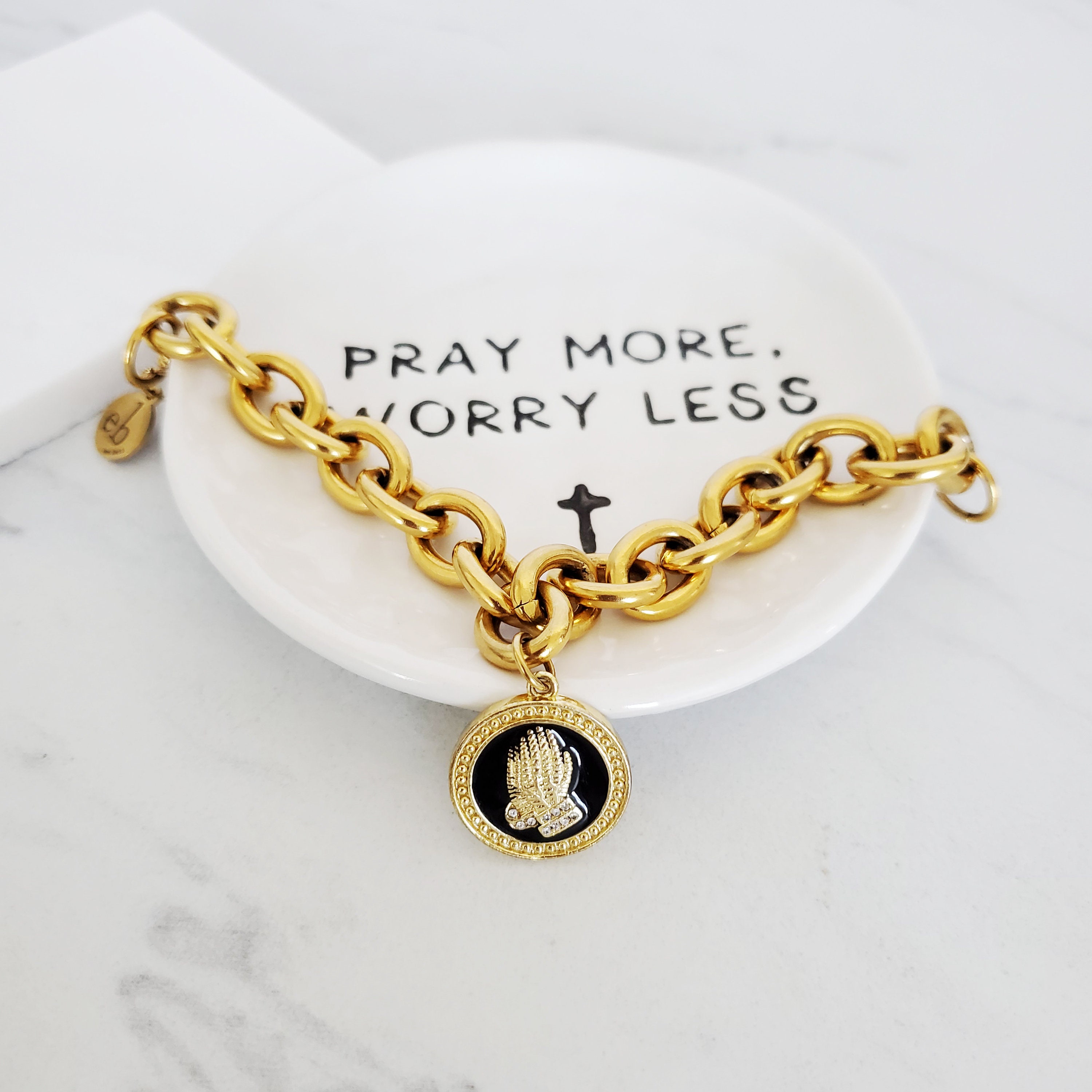 Prayer Christian Charm Bracelet Gold Chunky Chain Link Etsy