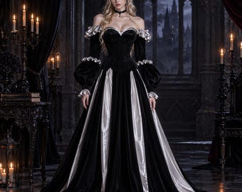 May include: A floor-length gown featuring a black velvet bodice with an off-the-shoulder sweetheart neckline and long sleeves with silver ruffled cuffs. The skirt consists of alternating panels of black velvet and shimmering silver fabric.