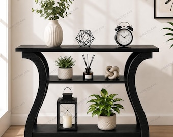 Console Table, Black Wood Entryway Console, 3 Tier Hallway Table, Sofa Table with Storage, Modern Home Decor