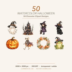 Könnte beinhalten: Eine digitale Sammlung von 50 Halloween-Aquarell-Cliparts mit einem Geist, einem Spukhaus, einer Hexe, einer schwarzen Katze, einem Kürbis, einem Skelett, einem Herbstkranz und einem Frosch, die alle Hexenhüte tragen, mit Text 50 WATERCOLOR HALLOWEEN.