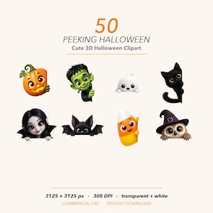 Könnte beinhalten: Eine digitale Sammlung von 50 Peeking Halloween Cute 3D Halloween Clipart Bildern. Das Set enthält Zeichentrickfiguren, darunter einen Kürbis, Frankenstein, ein Gespenst, eine schwarze Katze, einen Vampir, eine Fledermaus, Zuckermais und eine Eule mit Hut.