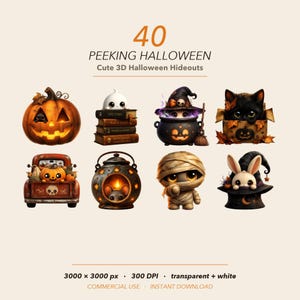 Könnte beinhalten: Eine digitale Sammlung von 40 Peeking Halloween Cute 3D Halloween Hideouts Grafiken. Das Set enthält Illustrationen eines Kürbisses, eines Geistes auf Büchern, einer Katze im Kessel, einer Katze in einer Kiste, eines Lastwagens mit Kürbissen, einer Maus in einer Laterne, einer Mumie und eines Hasen in einem Hut.