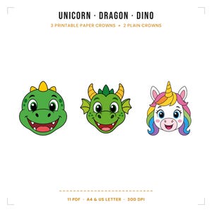 Unicorn Dragon Dinosaur Paper Crowns, 5 Magical Party Hats, Printable Birthday Crown Set for Kids, Instant Download